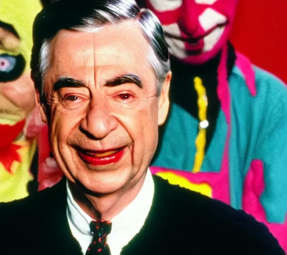 Prompt: color still shot of mister fred rogers lead singer performing in music group insane clown posse, face closeup