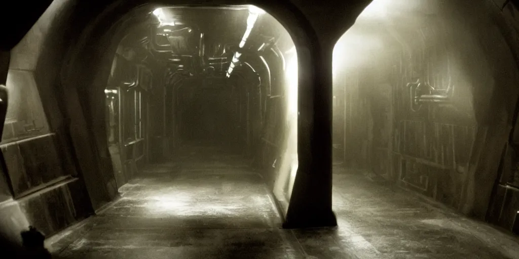 Image similar to a tight shot of a dark Alien ship interior corridor by Ridley Scott with lots of steam, Aliens movie, grainy, moody, dark, bleak