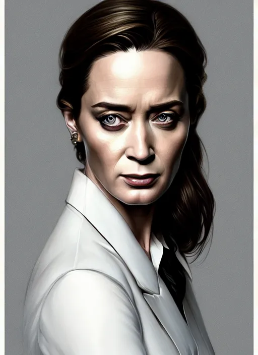 Image similar to portrait of emily blunt as business woman, black suit, white shirt, black tie, intricate, headshot, highly detailed, digital painting, artstation, concept art, sharp focus, cinematic lighting, illustration, art by artgerm and greg rutkowski, alphonse mucha, cgsociety