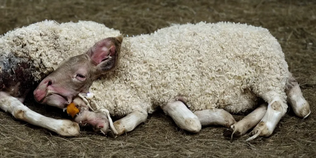 Image similar to the lamb lies with maggots blinded, gagged, betrayed
