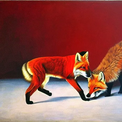 Prompt: only with red, in a red dream world, a crimson tiger tries to close an important deal with a red fox, in the style of beskinsky, part by hopper, part by rodcenko, part by hofbauer, intricate composition and red by caravaggio, insanely quality, masterpiece, oil on canvas, award winning, dramatic,