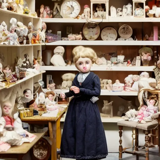 Image similar to victorian child standing in a doll maker's shop looking at all of the dolls, 8 k, soft lighting, highly detailed realistic, face in focus