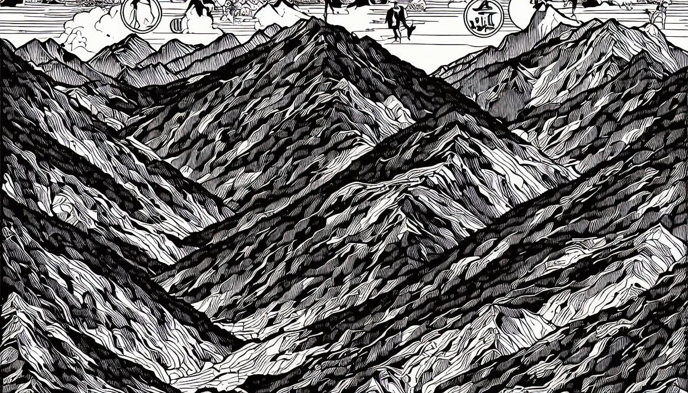 Prompt: hiking mountain ridge by dan mumford and peter doig and edward hopper, symmetrical, minimal, black ink, thick lines highly detailed, muted colours, overlaid with chinese adverts, 8 k