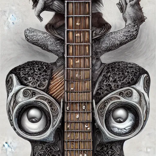 Image similar to eyes, guitar, extremely Highly detailed, Occult, funny, humorous, humor, hilarious, funny, entertaining, magical, trending on artstationHQ, closeup, D&D, intricate, elegant, highly detailed, digital painting, artstation, concept art, matte, sharp focus, illustration, surrealism