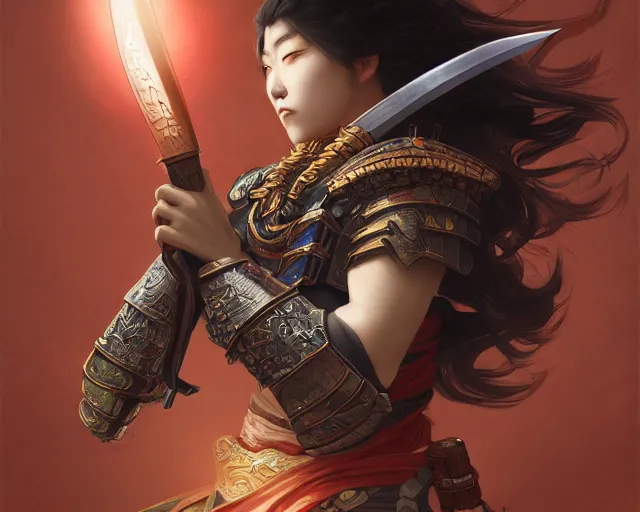 Image similar to photography of a fierce japanese samurai, deep focus, d & d, fantasy, intricate, elegant, highly detailed, digital painting, artstation, concept art, matte, sharp focus, illustration, hearthstone, art by artgerm and greg rutkowski and alphonse mucha