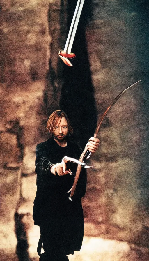 Prompt: color Pentax photo of Thom Yorke holding a massive sword, high quality