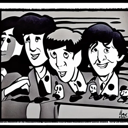 Image similar to cartoon by bob clampett about the beatles, vintage black and white film, 1 9 6 0 s