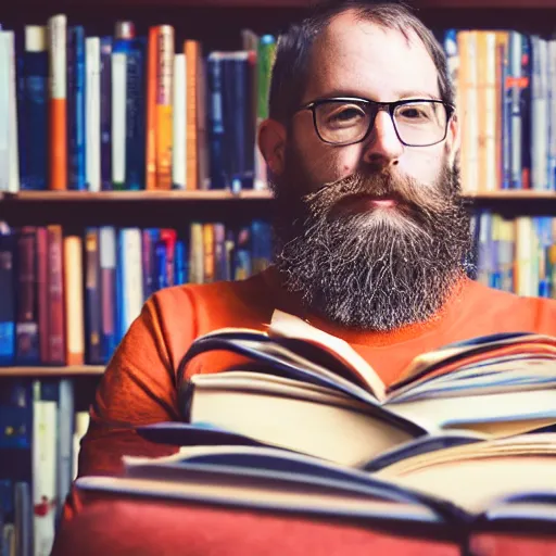 Image similar to medium shot portrait of a learned scholar, a long slightly unkept beard, a bookshelf in the background with neatly stacked books, set in the 1 9 5 0 s, bokeh, light from top right