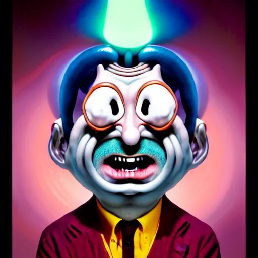 Image similar to mr. bean mad scientist psychopath making extremely silly faces, conjuring up mysterious colorful potions, glows, 3 point lighting, portrait by gaston bussierre and charles vess and james jean and erik jones and rhads, inspired by ren and stimpy epic, funny, beautiful fine face features, intricate high details, sharp, ultradetailed