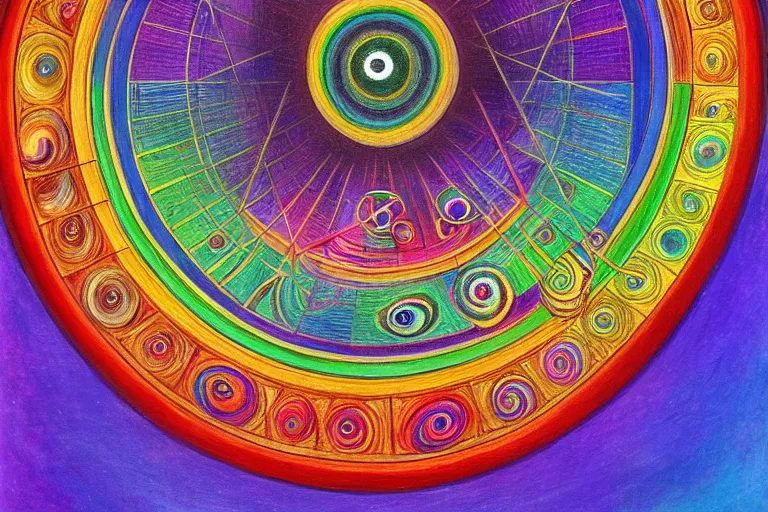 Prompt: painting of rainbow ophanim surrounded by large diagonally rotating rings, ophanim has bird wings, giant eyeball in the middle of the ophanim, by george clark stanton amazing details, mythological, biblical, beautiful composition