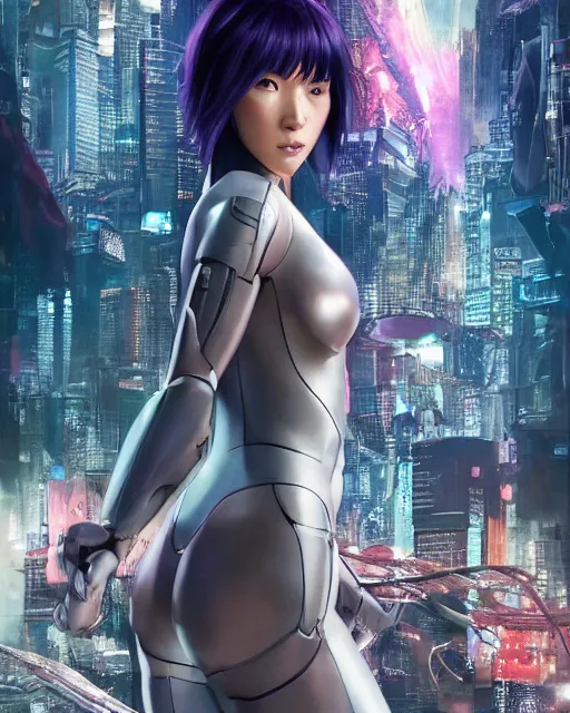 Image similar to weta disney pixar movie still portrait photo of motoko kusanagi ghost in the shell : : as cyborg woman by pixar : : by weta, wlop, ilya kuvshinov, rossdraws, artgerm, marvel, maxim cover, latex, octane render, sweaty, iridescent, bright morning, anime, liosh, mucha : :