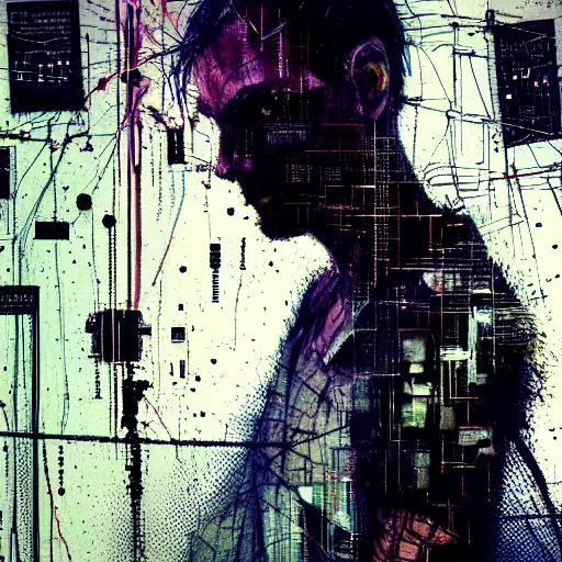 Image similar to a man lost in a cyberpunk noir glitchcore world of wires, and machines, by jeremy mann, francis bacon and agnes cecile, and dave mckean ink drips, paint smears, digital glitches glitchart