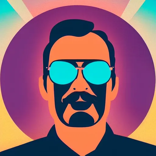 Image similar to portrait of tom selleck with light blue shutter shades in front of a sunset, a dark purple leather jacket, vector art by jan tengnagel, pixabay contest winner, retrofuturism, retrowave, synthwave, outrun