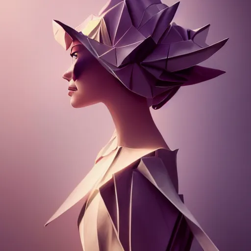 Image similar to 3 / 4 view of a beautiful girl wearing an origami dress, eye - level medium shot, elegant, by eiko ishioka, by peter mohrbacher, centered, fresh colors, origami, fashion, detailed illustration, vogue, high depth of field, japanese, reallusion character creator