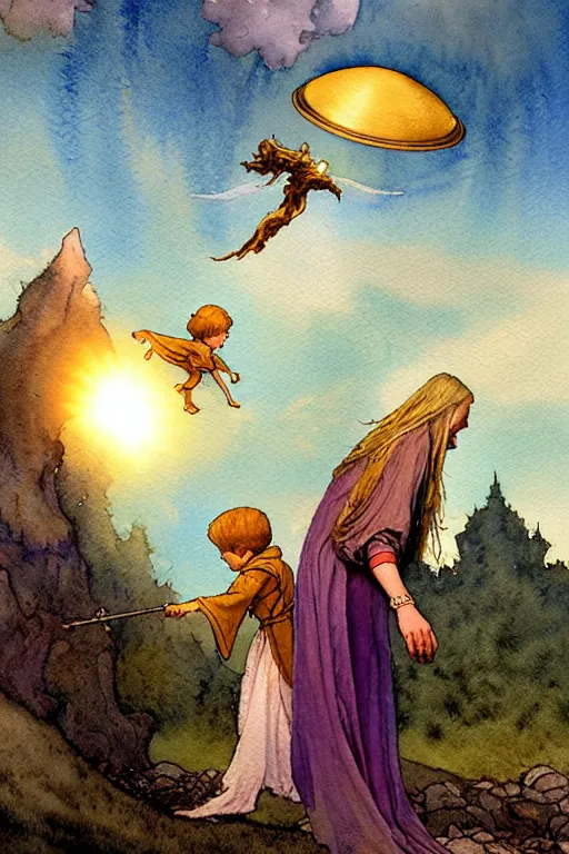 Image similar to a hyperrealist watercolor concept art of an elegant golden ufo in the sky abducting a medieval peasant child. very muted colors, by rebecca guay, michael kaluta, charles vess. high detail, hq, wide shot, 4 k