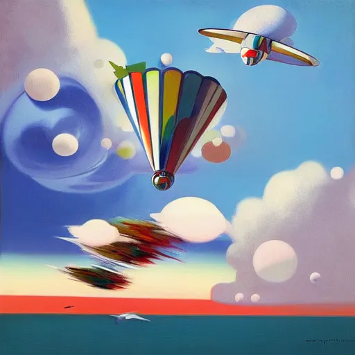 Prompt: Giant objects of amusement fly through the air, as a tornado approaches, by Takashi Murakami, Edward Hopper, Bo Bartlett, and Cynthia Sheppard, Artstation