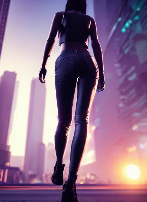 Image similar to face photo of a beautiful woman walking through a ( ( ( cyberpunk city ) ) ), full body, hyper realistic, 8 k, dslr, unreal engine, highly detailed portrait