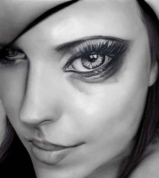 Image similar to tattoo design sketch of a beautiful blue - eyed woman face with a faded background of beautiful mountains and nature on her side, hyper - realistic, in the style of den yakovlev, amazing detail, black and white