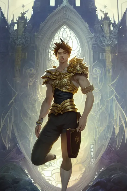 Image similar to fullbody portrait of a male fit hero with strange hairs, soft smile, final fantasy, league of legends champion, strong iridescent light, by chengwei pan and sakimichan and greg rutkowski and alphonse mucha, gradient white to gold, in front of a magical building background, highly detailed portrait, digital painting, smooth, focus illustration