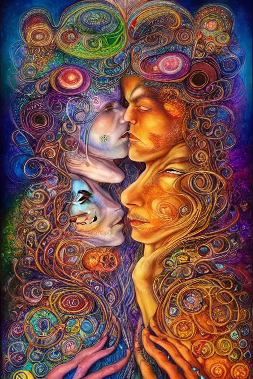 Image similar to two psychedelic shamans intertwined in a cosmic entanglement by Josephine Wall and Daniel Merriam, Artstation