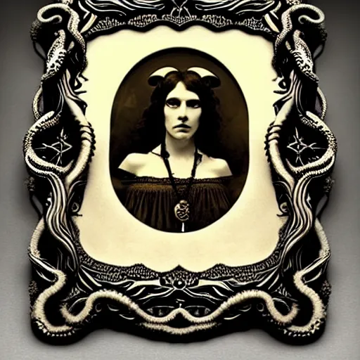 Image similar to beautiful woman with tentacles for hair wearing occult jewelry. daugerreotype of cthulhu high priestess. ambrotype of occult priestess. tintype of a beautiful woman. priestess of dagon. cursed priestess. daugerreotype. baroque frame. cursed priestess of dagon. woman with tentacles. daguerreotype