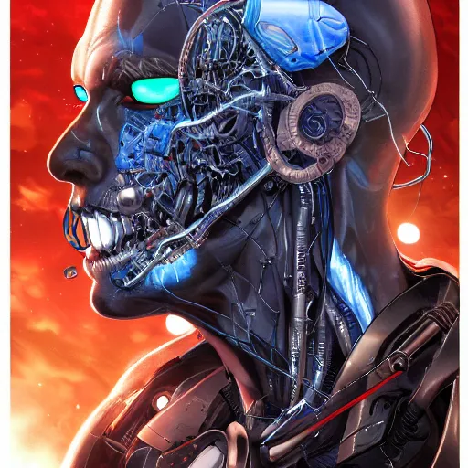 Image similar to Male cyborg, battle-damaged, scarred, handsome face, bored expression, blue eyes, sterile background, profile shot, sci-fi, bio-mechanical, wires, cables, gadgets, Digital art, detailed, anime, artist Katsuhiro Otomo