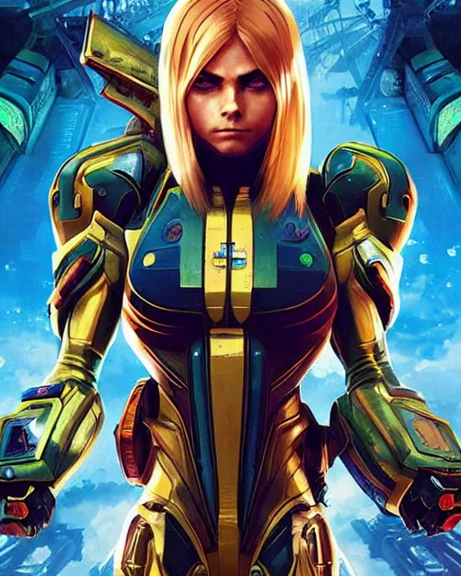 Image similar to Symmetric movie poster of Cara delevingne as Samus Aran , Epic Fantasy cover art, ultra wide lens shot,cinematic lighting, beautiful,art by Artgerm and Greg Rutkowski and Alphonse Mucha