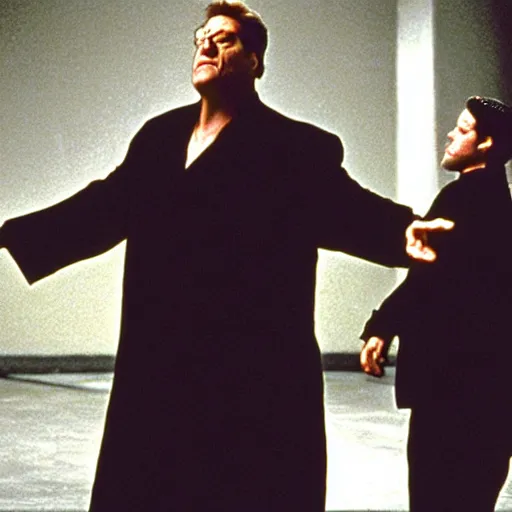 Prompt: john goodman as neo in the matrix movie, realizing he's in the matrix