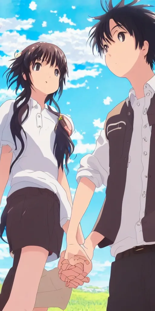 Image similar to a man and a woman holding hands under a beautiful sun drawn like the anime Your Name anime, intricate