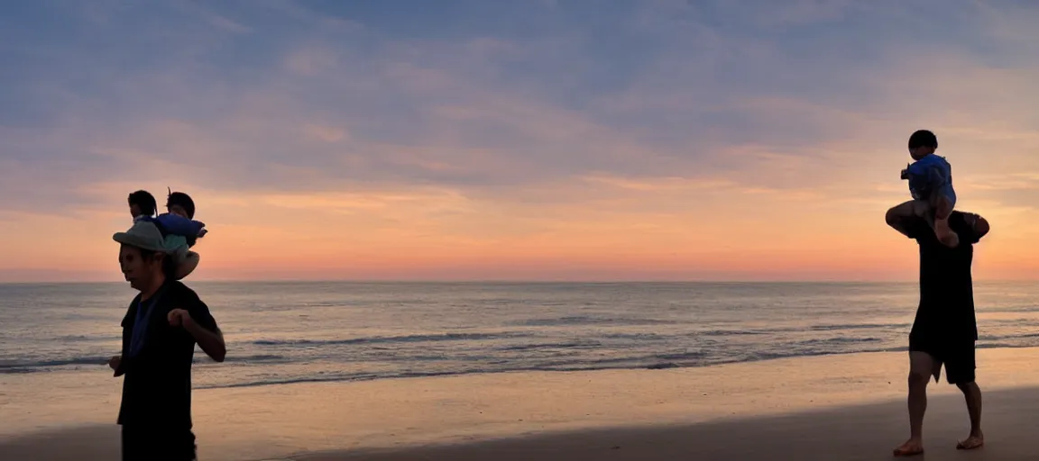 Prompt: a man carrying his child on his shoulders, walking at the beach, early morning, beautiful clouds in the sky, rule of thirds, in the style of studio ghibli and disney,