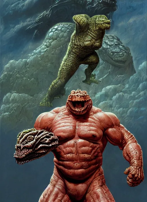 Prompt: brock lesnar as reptilian beast wearing scifi armour suit, dynamic action, by lawrence alma - tadema and zdzislaw beksinski and norman rockwell and jack kirby and tom lovell and greg staples, artstation creature art