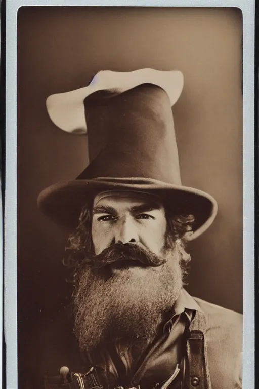 Prompt: polaroid photograph of cowboy sherrif resembling yosemite sam with huge hat, huge mustache, orange colors