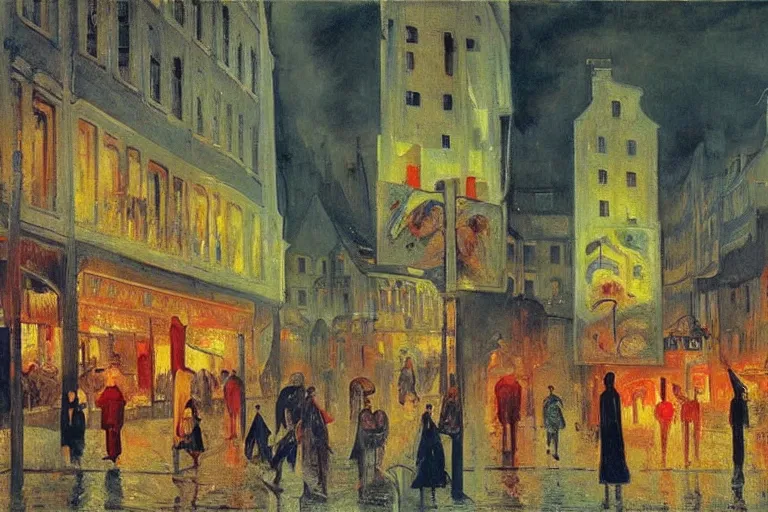 Prompt: dream festival in a city, low angle view from a city street lined with shops and apartments, glowing street signs, revelers playing games and shopping at a night market, oil painting by edvard munch, beksinski, chiaroscuro, baroque