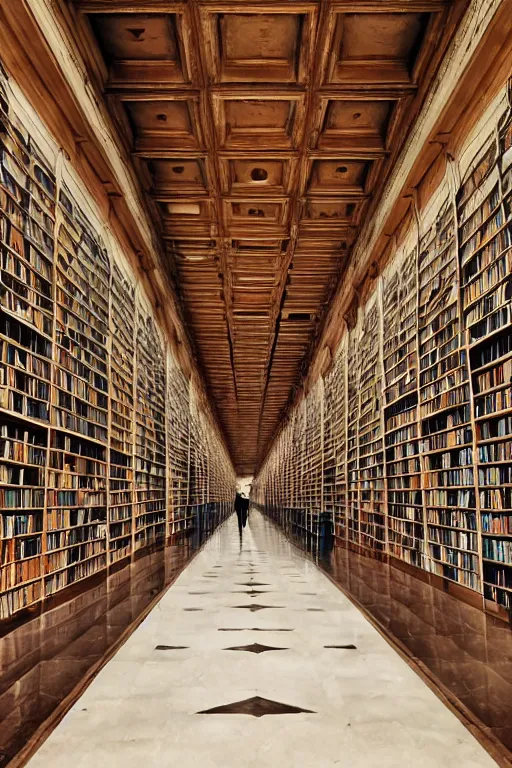 Prompt: a photo of an endless hallway in an egyptian library