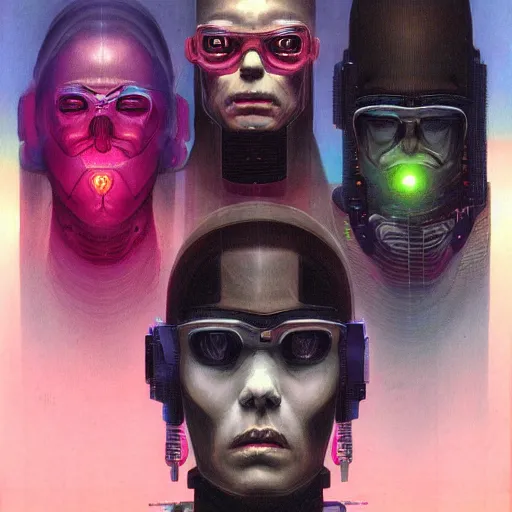 Image similar to frontal portrait of a cyberpunk gang, by wayne barlowe