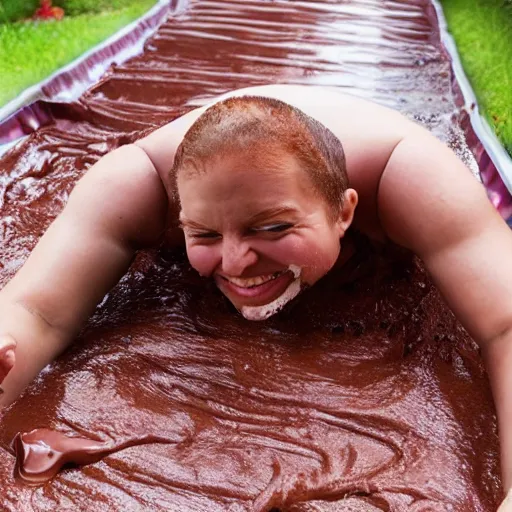 Image similar to person sliding through chocolate pudding head first, slip n slide, professional photo, funny