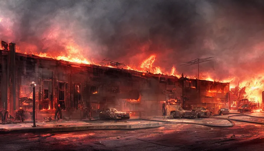 Prompt: A detailed render of a post apocalyptic scene of Fire and explosions at the 3rd precinct in Minneapolis on fire, sci-fi concept art, lots of fire, panic, dark, clouds, 8k, high detail, advanced rendering whimsically designed art, 4k post-processing highly detailed, Soft illumination