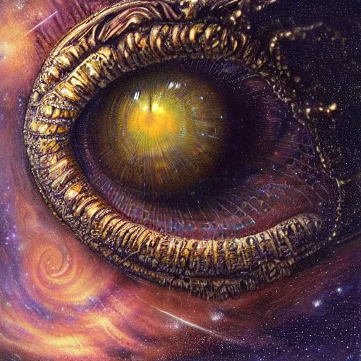 Image similar to low angle shot of a eye with the galaxy in the iris by clive barker, intricate, elegant, highly detailed, centered, digital painting, artstation, concept art, smooth, sharp focus, illustration, artgerm, Tomasz Alen Kopera, Peter Mohrbacher donato giancola, Joseph Christian Leyendecker, WLOP, Boris Vallejo.