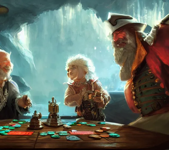 Prompt: a white haired dwarf and a pirate halfling gambling with dice near a creak, craig mullins, wlop, highly detailed, colorful, unreal engine, octane render, dramatic lighting, cinematic composition,