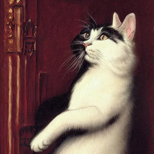 Prompt: elegant painting of a gorgeous regal black and white cat holding up one paw, in a castle, in the style of eugene de blaas