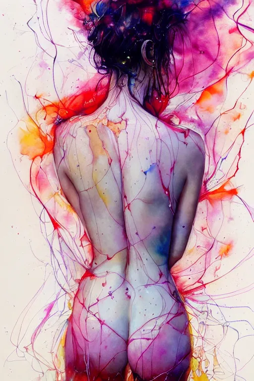 Image similar to sophia vergara by agnes cecile enki bilal moebius, intricated details, 3 / 4 back view, bendover posture, full body portrait, extremely luminous bright design, pastel colours, drips, autumn lights