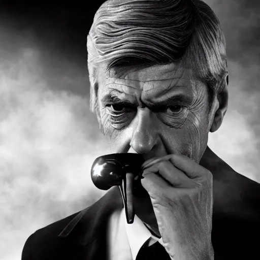 Prompt: arsene wenger as a 1 9 4 0 s gangster, noir, fog, serious, extreme detail, realistic, rain, atmospheric, cigarette in mouth, movie still, studio light 4 k