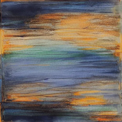 Image similar to In this mixed media art, the artist has used a simple palette of colors to create a feeling of calm and serenity. The soft hues of blue and green are reminiscent of a cloudy sky, while the orange and yellow suggest the warm glow of the sun. The vertical stripes of color are divided by thin lines of black, which give the impression of deep space. The overall effect is one of peacefulness and balance. multiple exposure by Mark Briscoe, by Lorenz Hideyoshi angular, uneven