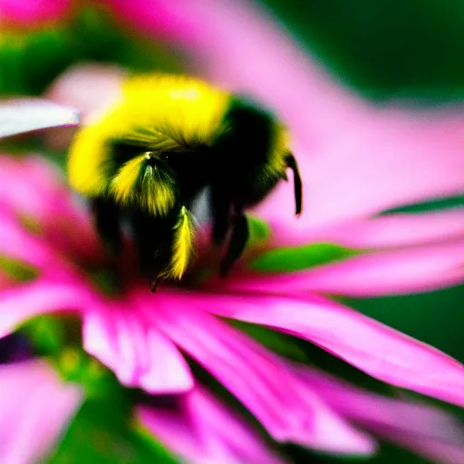 Prompt: a bumble bee made out of flowers sits on a finger, 5 0 mm lens, f 1. 4, sharp focus, ethereal, emotionally evoking, head in focus, volumetric lighting, blur dreamy outdoor,