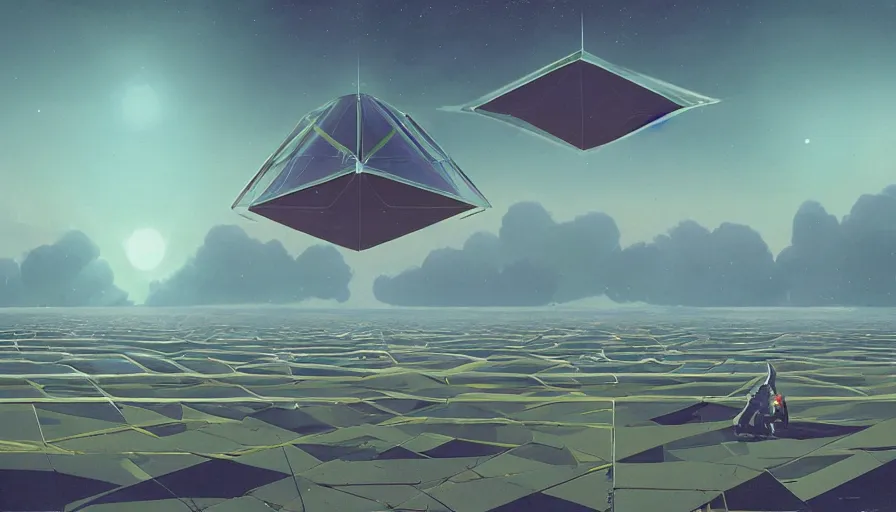 Image similar to hexagonal solar sail floating in space, sun, earth, simon stalenhag