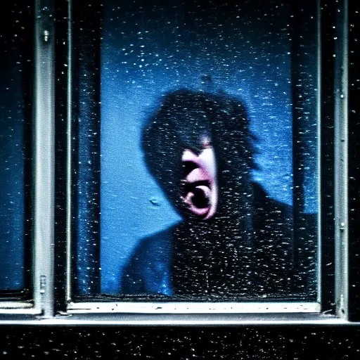 Image similar to dark photo of dark blue rainy bedroom window at night, dimly lit creepy | screaming face of boris johnson staring in through the window, bloody hands, horror, scary face, demonic face,