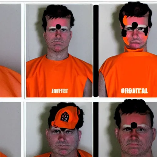 Prompt: mugshot of a cow dressed as an inmate, Cow mugshot, orange jumpsuit, jail photograph