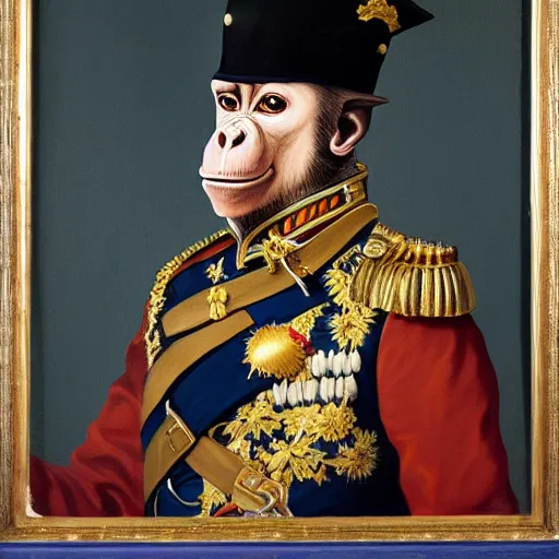 Image similar to An exquisite modern painting of a chimpanzee dressed like a bearded Napoleon with correct military uniform, no frames