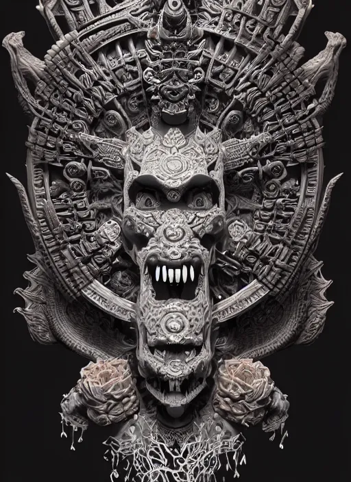 Prompt: 3 d ornate carved shaman with tattoos profile portrait, sigma 5 0 0 mm f / 5. beautiful intricate highly detailed quetzalcoatl skull. bioluminescent, plasma, lava, ice, water, wind, creature, thunderstorm! artwork by tooth wu and wlop and beeple and greg rutkowski, 8 k trending on artstation