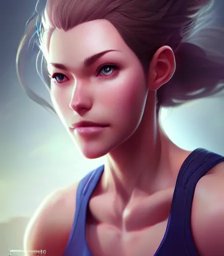 Image similar to beautiful portrait of a gorgeous personal trainer who looks like Freya , character design by charlie bowater, ross tran, artgerm, and makoto shinkai, detailed, soft lighting, rendered in octane